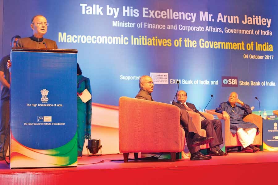 Arun Jaitley, Finance Minister of India speaking during an event hosted by PRI as Dr. Zaidi Sattar looks on